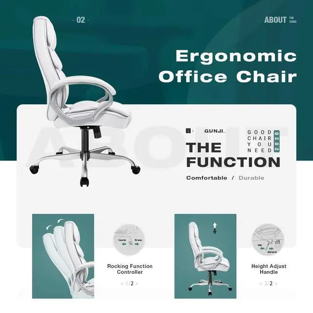 Alt view image 6 of 7 - Office Chair PU Leather High Back Executive Chair Ergonomic Computer Chair, Modern Adjustable Home Desk Chair Swivel Managerial Chair with Padded Armrests and Lumbar Support (White)