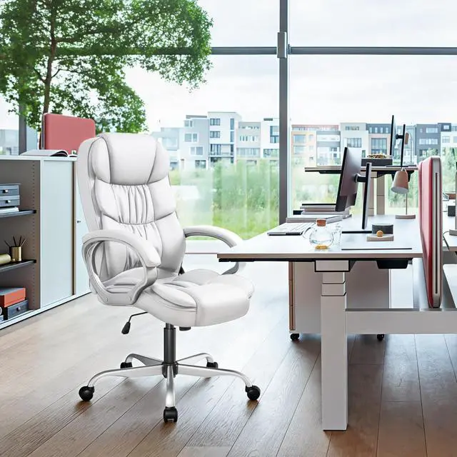 Alt view image 7 of 7 - Office Chair PU Leather High Back Executive Chair Ergonomic Computer Chair, Modern Adjustable Home Desk Chair Swivel Managerial Chair with Padded Armrests and Lumbar Support (White)