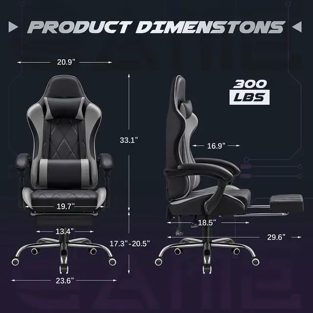 Alt view image 3 of 7 - Gaming Chair, Computer Chair with Footrest and Massage Lumbar Support, Swivel Seat Height Adjustable Video Game Chair with Headrest for Office or Gaming (Grey)