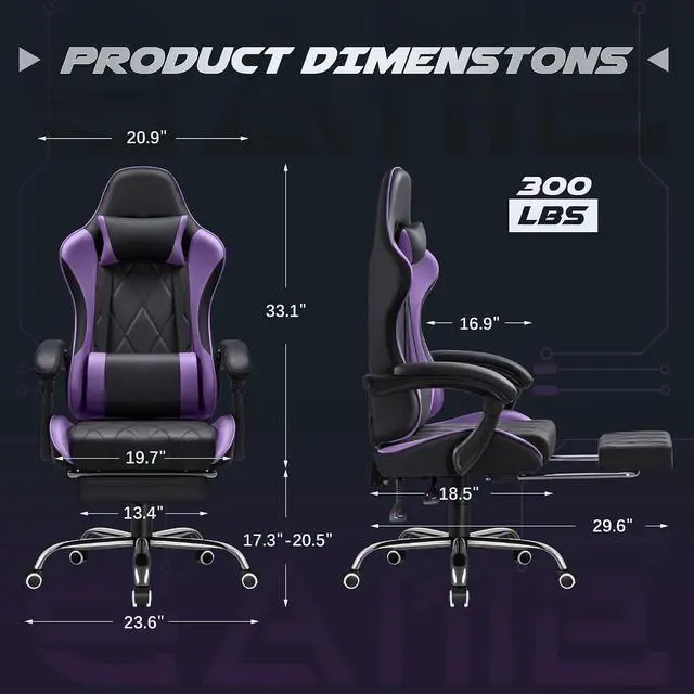 Alt view image 3 of 7 - Gaming Chair, Computer Chair with Footrest and Massage Lumbar Support, Swivel Seat Height Adjustable Video Game Chair with Headrest for Office or Gaming (Violet)