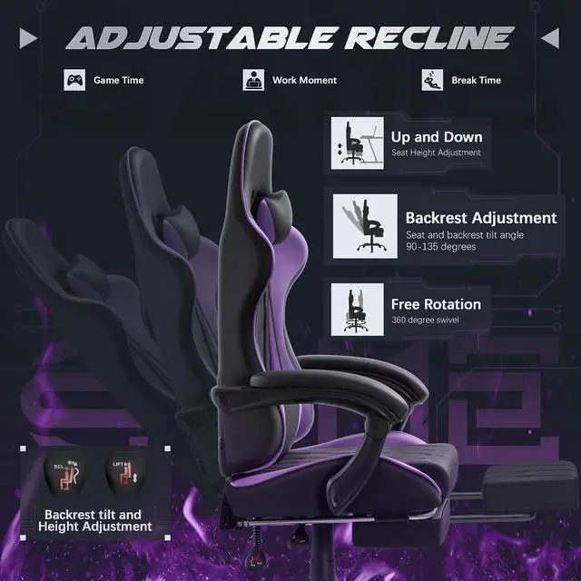 Alt view image 4 of 7 - Gaming Chair, Computer Chair with Footrest and Massage Lumbar Support, Swivel Seat Height Adjustable Video Game Chair with Headrest for Office or Gaming (Violet)