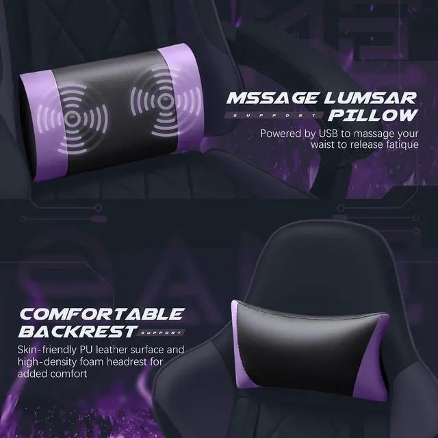 Alt view image 5 of 7 - Gaming Chair, Computer Chair with Footrest and Massage Lumbar Support, Swivel Seat Height Adjustable Video Game Chair with Headrest for Office or Gaming (Violet)
