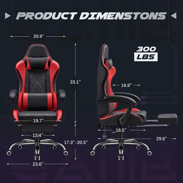 Alt view image 3 of 7 - Gaming Chair, Computer Chair with Footrest and Massage Lumbar Support, Swivel Seat Height Adjustable Video Game Chair with Headrest for Office or Gaming (Red)