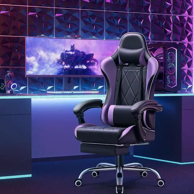 Alt view image 7 of 7 - Gaming Chair, Computer Chair with Footrest and Massage Lumbar Support, Swivel Seat Height Adjustable Video Game Chair with Headrest for Office or Gaming (Violet)
