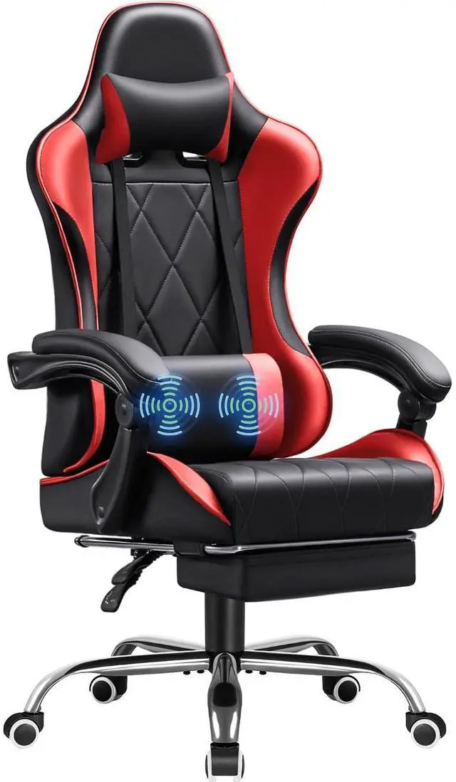 Main image of Gaming Chair, Computer Chair with Footrest and Massage Lumbar Support, Swivel Seat Height Adjustable Video Game Chair with Headrest for Office or Gaming (Red)