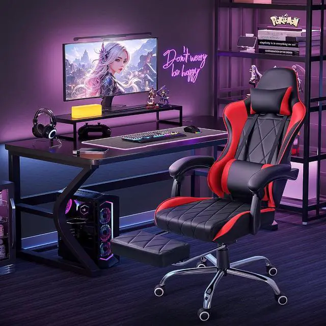 Alt view image 2 of 7 - Gaming Chair, Computer Chair with Footrest and Massage Lumbar Support, Swivel Seat Height Adjustable Video Game Chair with Headrest for Office or Gaming (Red)