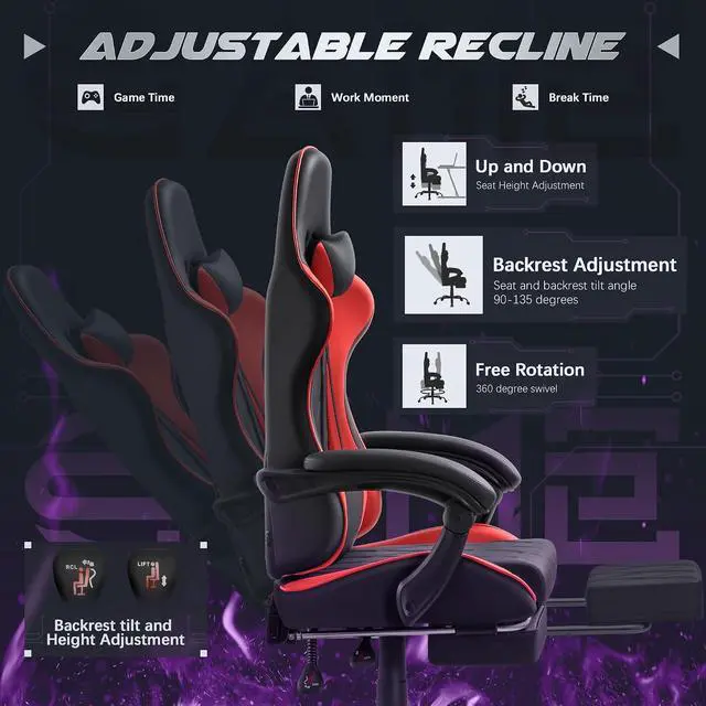 Alt view image 4 of 7 - Gaming Chair, Computer Chair with Footrest and Massage Lumbar Support, Swivel Seat Height Adjustable Video Game Chair with Headrest for Office or Gaming (Red)
