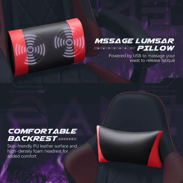 Alt view image 5 of 7 - Gaming Chair, Computer Chair with Footrest and Massage Lumbar Support, Swivel Seat Height Adjustable Video Game Chair with Headrest for Office or Gaming (Red)