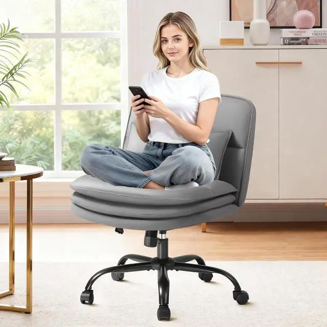 Main image of Criss Cross Legged Office Chair with Wheels, Armless Extra Wide Seat Swivel Desk Chair, Adjustable Height Comfy Task Chair with Thick Cushion for Home Office Bedroom Vanity (PU Leather, Grey)