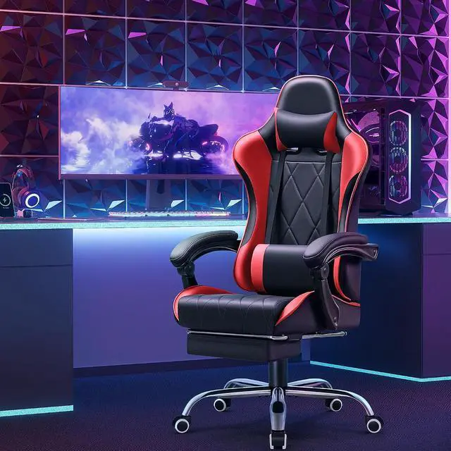 Alt view image 7 of 7 - Gaming Chair, Computer Chair with Footrest and Massage Lumbar Support, Swivel Seat Height Adjustable Video Game Chair with Headrest for Office or Gaming (Red)
