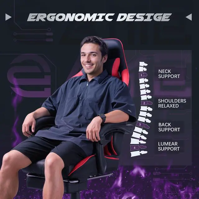 Alt view image 6 of 7 - Gaming Chair, Computer Chair with Footrest and Massage Lumbar Support, Swivel Seat Height Adjustable Video Game Chair with Headrest for Office or Gaming (Red)