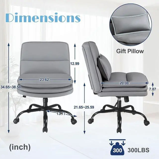 Alt view image 2 of 7 - Criss Cross Legged Office Chair with Wheels, Armless Extra Wide Seat Swivel Desk Chair, Adjustable Height Comfy Task Chair with Thick Cushion for Home Office Bedroom Vanity (PU Leather, Grey)