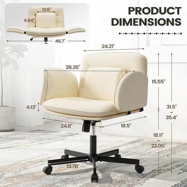 Alt view image 2 of 7 - Vanity Chair with Adjustable Armrests, Comfortable Oversized PU Leather Criss Cross Chair with Wheels, Wide Office Desk Chair for Home, Make Up, Bed Room (Beige)