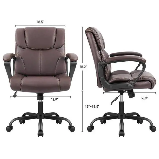 Alt view image 3 of 7 - Mid Back Executive Office Chair Swivel Computer Task Chair with Armrests,Ergonomic Leather-Padded Desk Chair with Lumbar Support (Brown)