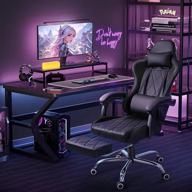 Alt view image 2 of 7 - Gaming Chair, Computer Chair with Footrest and Massage Lumbar Support, Swivel Seat Height Adjustable Video Game Chair with Headrest for Office or Gaming (Black)