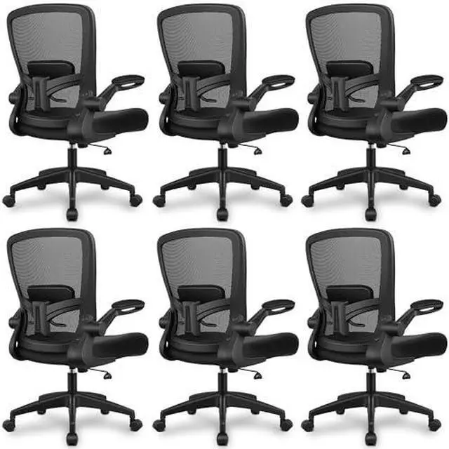 Main image of Office Chair, Ergonomic Desk Chair Breathable Mesh Chairs Adjustable High Back Lumbar Support Flip-up Armrests, Executive Rolling Swivel Comfy Computer Chairs Home Office Black, Pack of 6