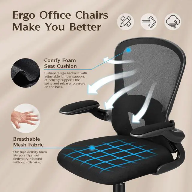 Alt view image 5 of 7 - Office Desk Chairs, Ergonomic PC Desk Chair with Wheels, Adjustable Lumbar Support and Height, Swivel Computer Chair with Flip-up Armrests, Ergo Mesh Backrest for Working (Black)