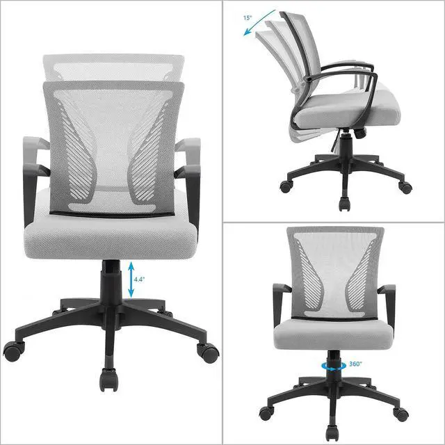 Alt view image 7 of 7 - Ergonomic Grey Office Clearance Mesh Computer Lumbar Support Mid Back Study Desk Modern Executive Task Chair Cheap Adjustable Swivel, 19.8" x 19.8" x 38.8" (KVC-7504)