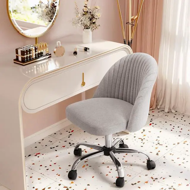 Alt view image 2 of 7 - Home Office Desk Chair Vanity Chair Twill Upholstered Adjustable Mid-Back Armless Swivel Task Chair Modern Fabric Office Chairs with Wheels for Bedroom, Living Room (Pale Gray)