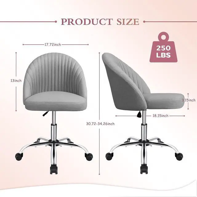Alt view image 3 of 7 - Home Office Desk Chair Vanity Chair Twill Upholstered Adjustable Mid-Back Armless Swivel Task Chair Modern Fabric Office Chairs with Wheels for Bedroom, Living Room (Pale Gray)