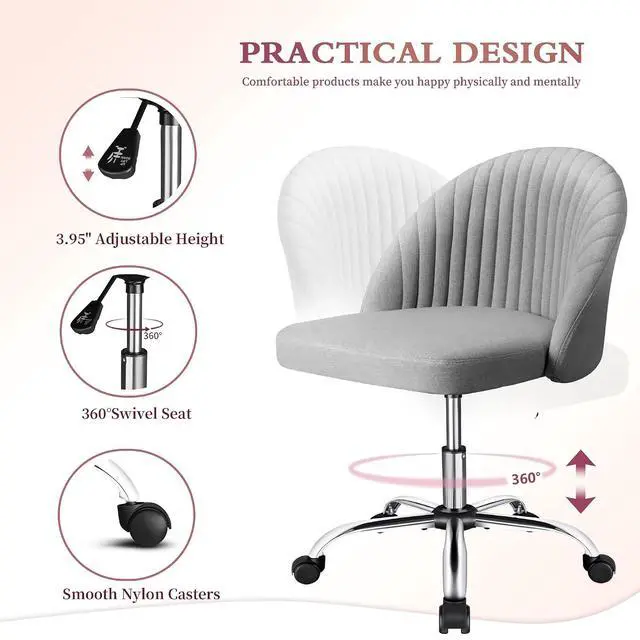 Alt view image 4 of 7 - Home Office Desk Chair Vanity Chair Twill Upholstered Adjustable Mid-Back Armless Swivel Task Chair Modern Fabric Office Chairs with Wheels for Bedroom, Living Room (Pale Gray)