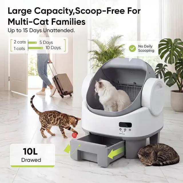 Alt view image 2 of 7 - Open-top Electric auto-Cleaning Litter Box Auto-Clean, Multi-Sensor, no app, Plug & Play, Multi-cat Friendly, 10L Large bin, Bags + mat (Grey)