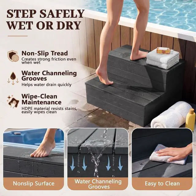 Alt view image 2 of 7 - Hot Tub Steps, Non-Slip Spa Steps, Outdoor Stairs, Gray | 550 LBS Capacity, Waterproof for Deck Porch RV Pool