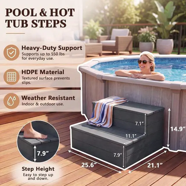 Alt view image 4 of 7 - Hot Tub Steps, Non-Slip Spa Steps, Outdoor Stairs, Gray | 550 LBS Capacity, Waterproof for Deck Porch RV Pool