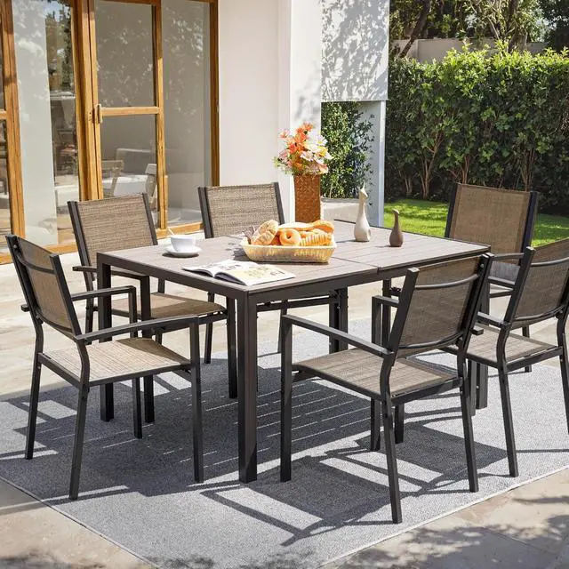 Alt view image 2 of 7 - Patio Chairs Textilene Outdoor Chairs Set of 6 Stackable Dining Chair for Backyard, Deck, Poolside (Beige)