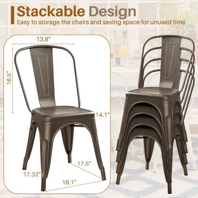 Alt view image 3 of 7 - Metal Dining Chair Indoor Outdoor Use Stackable Classic Trattoria Chair Chic Dining Bistro Cafe Side Metal Chairs Set of 4 (Gun)