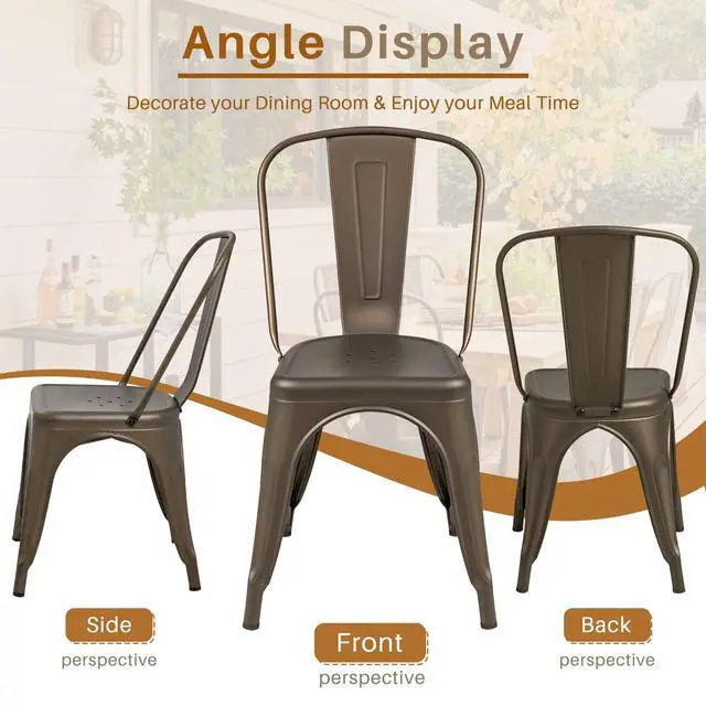 Alt view image 7 of 7 - Metal Dining Chair Indoor Outdoor Use Stackable Classic Trattoria Chair Chic Dining Bistro Cafe Side Metal Chairs Set of 4 (Gun)
