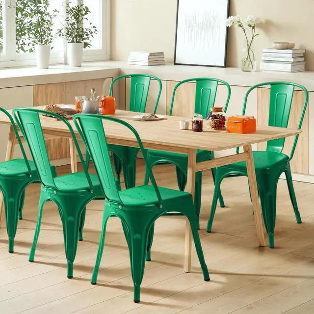 Alt view image 2 of 7 - Metal Dining Chair Indoor Outdoor Use Stackable Classic Trattoria Chair Chic Dining Bistro Cafe Side Metal Chairs Set of 4 (Green)