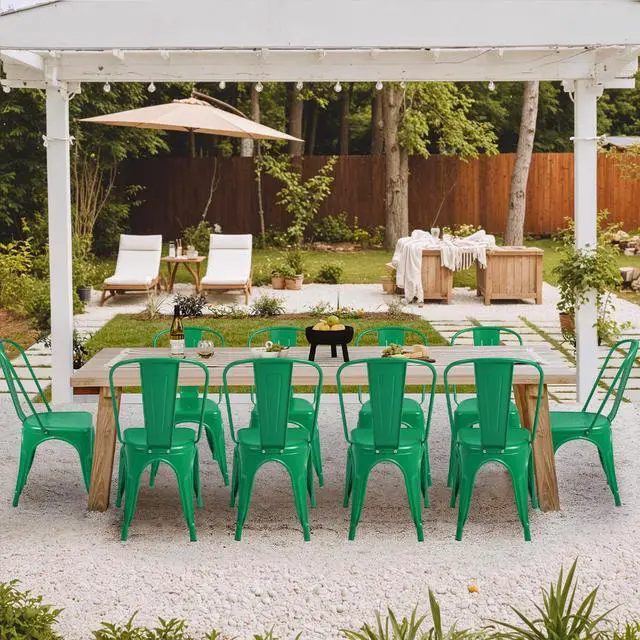Alt view image 4 of 7 - Metal Dining Chair Indoor Outdoor Use Stackable Classic Trattoria Chair Chic Dining Bistro Cafe Side Metal Chairs Set of 4 (Green)