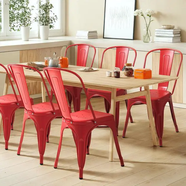 Alt view image 2 of 7 - Metal Dining Chair Indoor Outdoor Use Stackable Classic Trattoria Chair Chic Dining Bistro Cafe Side Metal Chairs Set of 4 (Cerise)