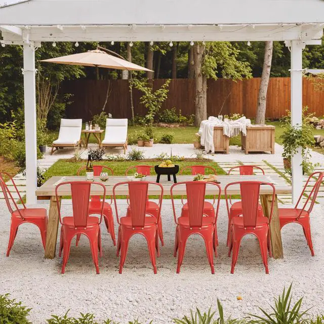 Alt view image 4 of 7 - Metal Dining Chair Indoor Outdoor Use Stackable Classic Trattoria Chair Chic Dining Bistro Cafe Side Metal Chairs Set of 4 (Cerise)