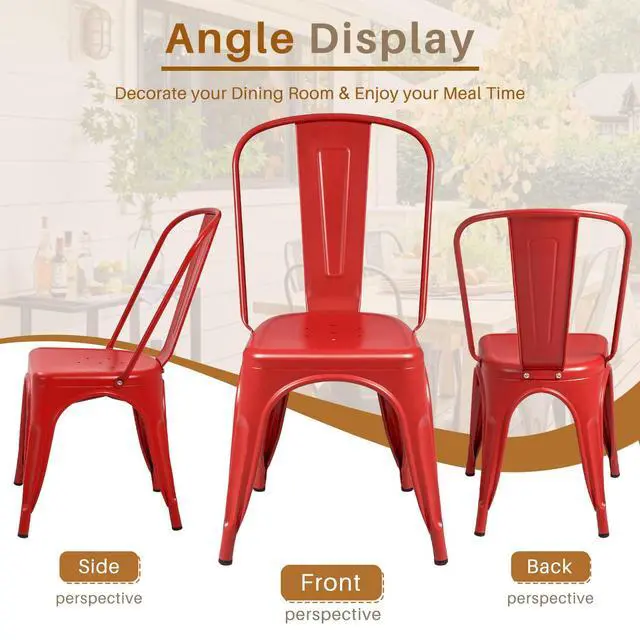 Alt view image 6 of 7 - Metal Dining Chair Indoor Outdoor Use Stackable Classic Trattoria Chair Chic Dining Bistro Cafe Side Metal Chairs Set of 4 (Cerise)
