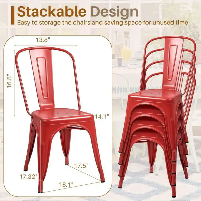 Alt view image 3 of 7 - Metal Dining Chair Indoor Outdoor Use Stackable Classic Trattoria Chair Chic Dining Bistro Cafe Side Metal Chairs Set of 4 (Cerise)