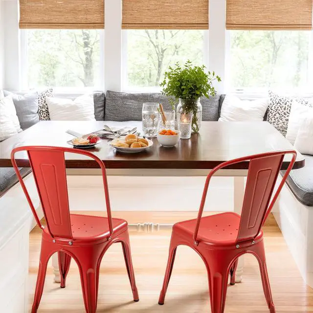 Alt view image 7 of 7 - Metal Dining Chair Indoor Outdoor Use Stackable Classic Trattoria Chair Chic Dining Bistro Cafe Side Metal Chairs Set of 4 (Cerise)