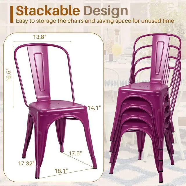 Alt view image 3 of 6 - Metal Dining Chair Indoor Outdoor Use Stackable Classic Trattoria Chair Chic Dining Bistro Cafe Side Metal Chairs Set of 4