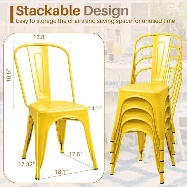 Alt view image 3 of 6 - Metal Dining Chair Indoor Outdoor Use Stackable Classic Trattoria Chair Chic Dining Bistro Cafe Side Metal Chairs Set of 4 (Yellow)