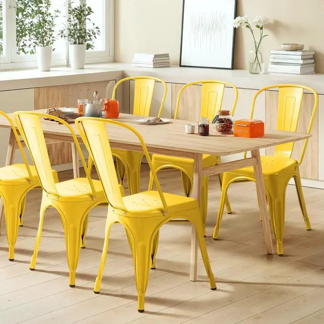 Alt view image 2 of 6 - Metal Dining Chair Indoor Outdoor Use Stackable Classic Trattoria Chair Chic Dining Bistro Cafe Side Metal Chairs Set of 4 (Yellow)
