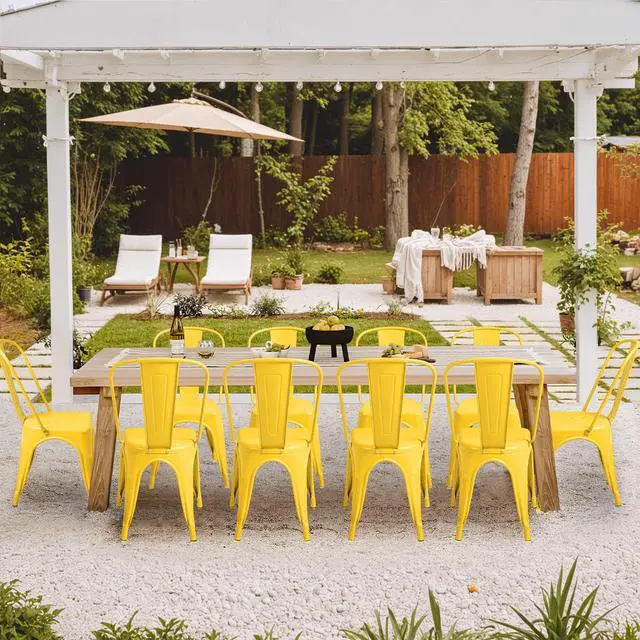 Alt view image 4 of 6 - Metal Dining Chair Indoor Outdoor Use Stackable Classic Trattoria Chair Chic Dining Bistro Cafe Side Metal Chairs Set of 4 (Yellow)