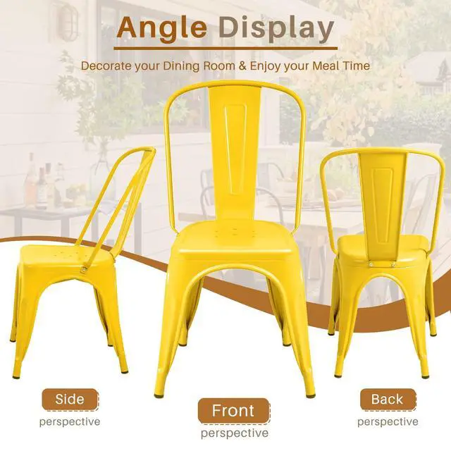 Alt view image 6 of 6 - Metal Dining Chair Indoor Outdoor Use Stackable Classic Trattoria Chair Chic Dining Bistro Cafe Side Metal Chairs Set of 4 (Yellow)