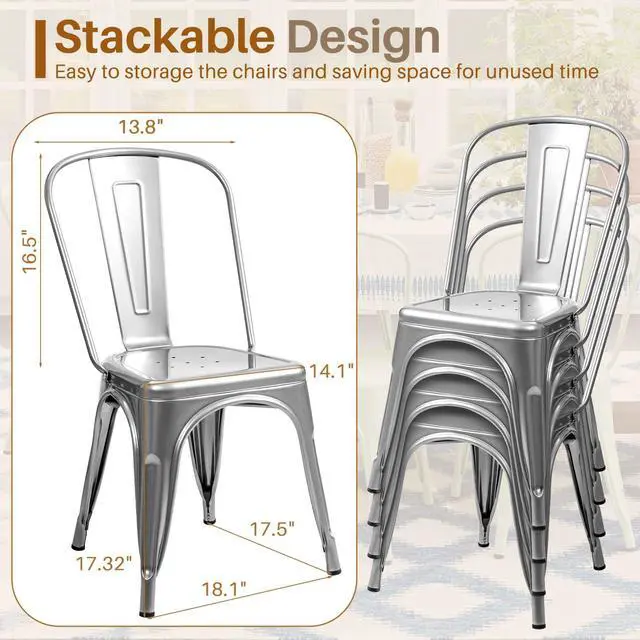 Alt view image 3 of 6 - Metal Dining Chair Indoor Outdoor Use Stackable Classic Trattoria Chair Chic Dining Bistro Cafe Side Metal Chairs Set of 4 (Sliver)