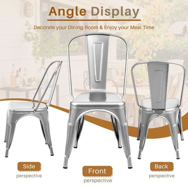 Alt view image 6 of 6 - Metal Dining Chair Indoor Outdoor Use Stackable Classic Trattoria Chair Chic Dining Bistro Cafe Side Metal Chairs Set of 4 (Sliver)