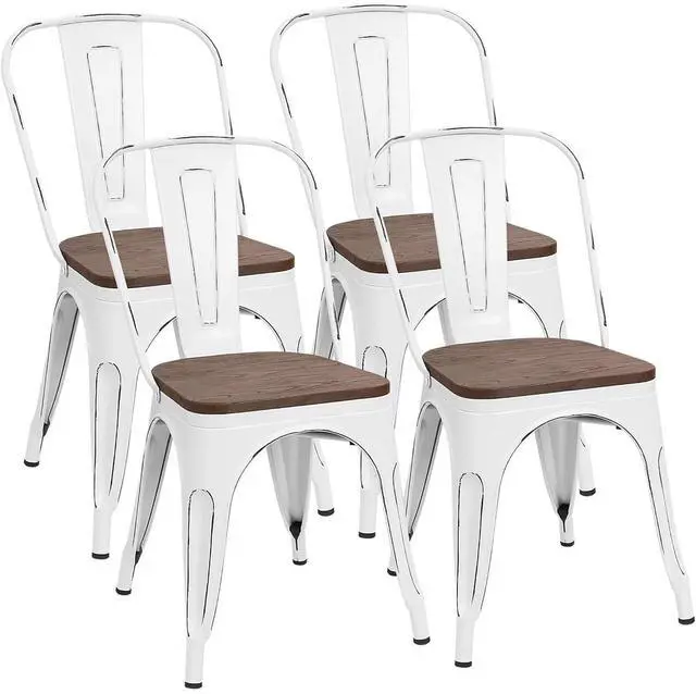 Main image of Metal Dining Chairs with Wood Seat, Indoor-Outdoor Use Stackable Chic Dining Bistro Cafe Side Metal Chairs Set of 4(White)