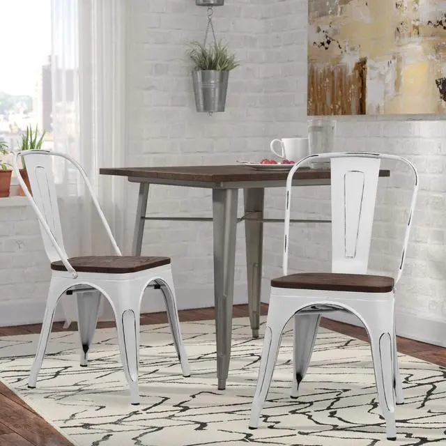 Alt view image 2 of 7 - Metal Dining Chairs with Wood Seat, Indoor-Outdoor Use Stackable Chic Dining Bistro Cafe Side Metal Chairs Set of 4(White)