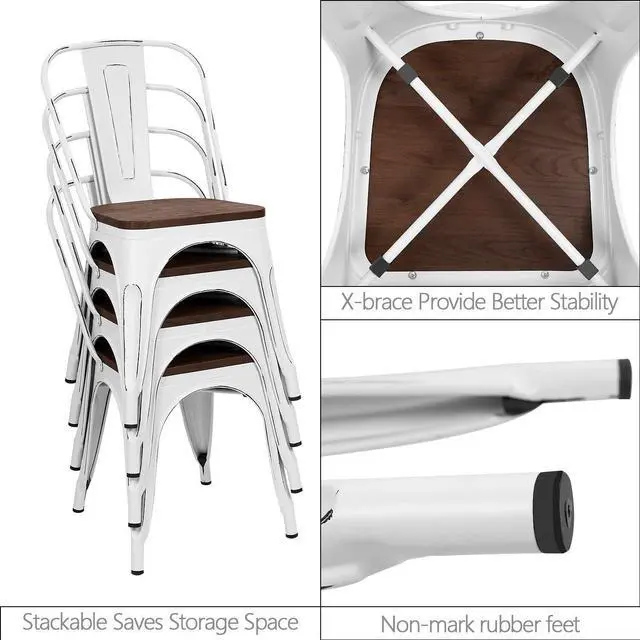 Alt view image 4 of 7 - Metal Dining Chairs with Wood Seat, Indoor-Outdoor Use Stackable Chic Dining Bistro Cafe Side Metal Chairs Set of 4(White)