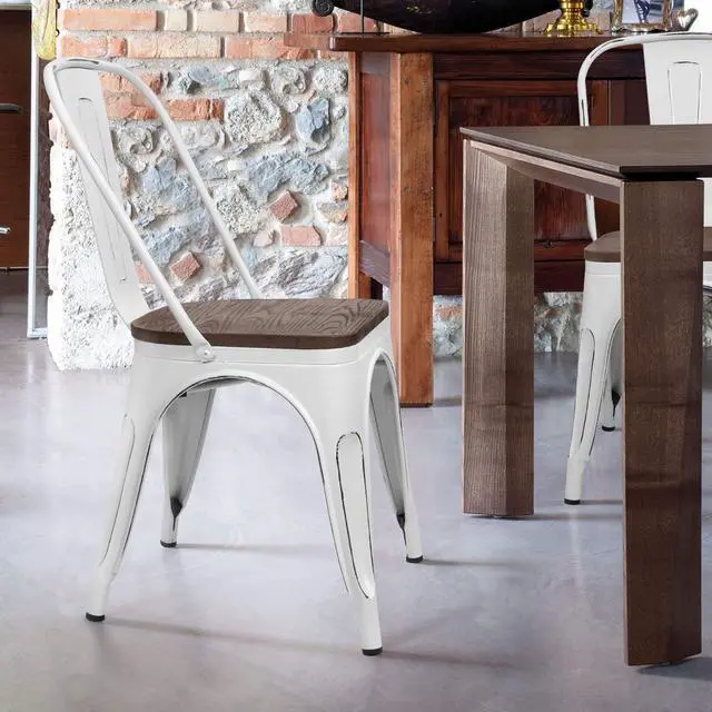 Alt view image 7 of 7 - Metal Dining Chairs with Wood Seat, Indoor-Outdoor Use Stackable Chic Dining Bistro Cafe Side Metal Chairs Set of 4(White)