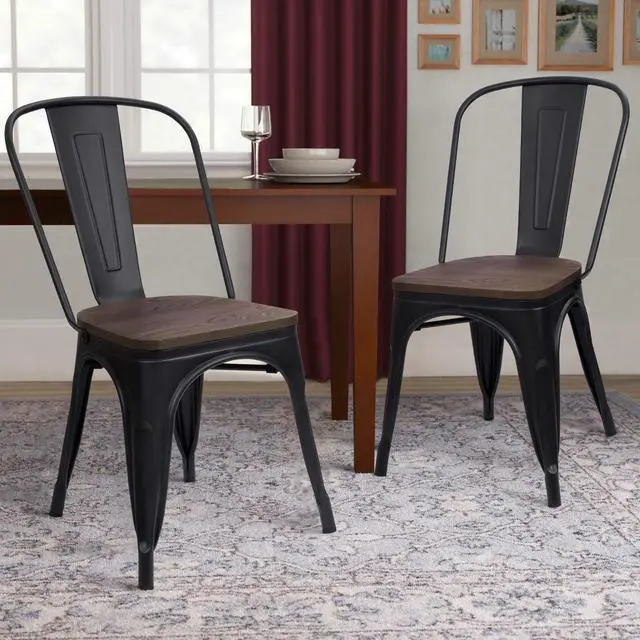 Alt view image 2 of 7 - Metal Dining Chairs with Wood Seat, Indoor-Outdoor Use Stackable Chic Dining Bistro Cafe Side Metal Chairs Set of 4(Black)
